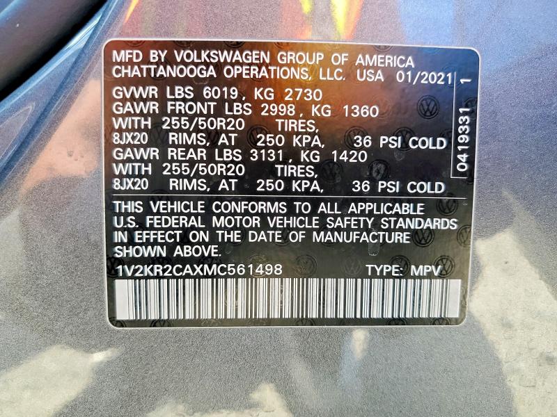 Aukcja sprzedaży 2021 Volkswagen Atlas, vin: 1V2KR2CAXMC561498, numer aukcji: 55272636