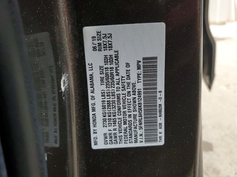 51831946 :رقم المزاد ، 5FNRL6H56KB124991 vin ، 2019 Honda Odyssey مزاد بيع