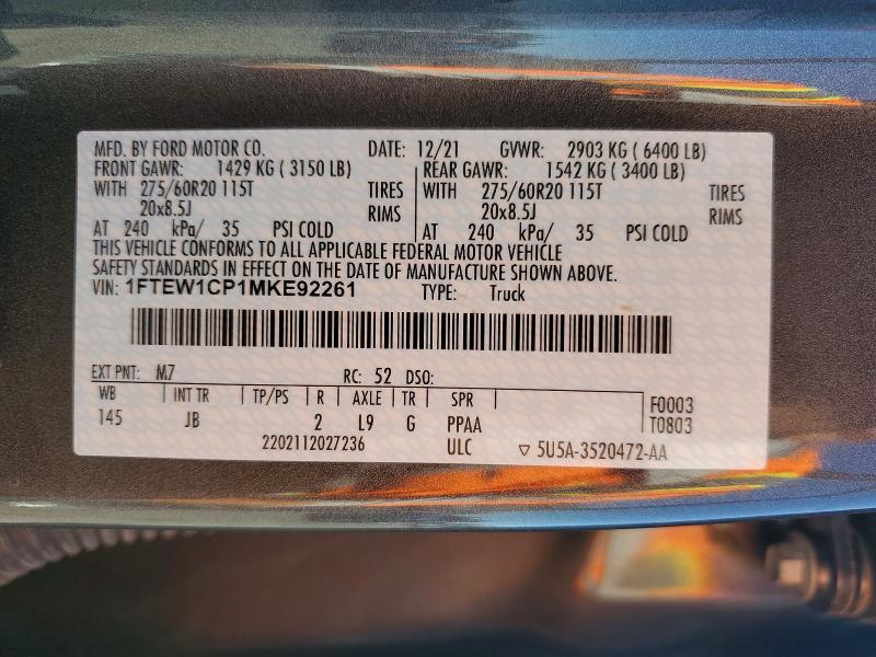 Aukcja sprzedaży 2021 Ford F150, vin: 1FTEW1CP1MKE92261, numer aukcji: 54756276