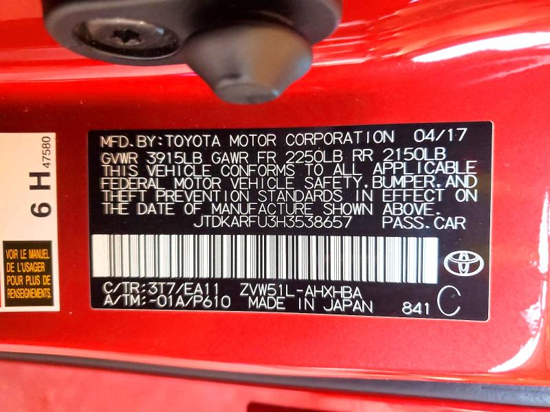 53998306 :رقم المزاد ، JTDKARFU3H3538657 vin ، 2017 Toyota Prius مزاد بيع