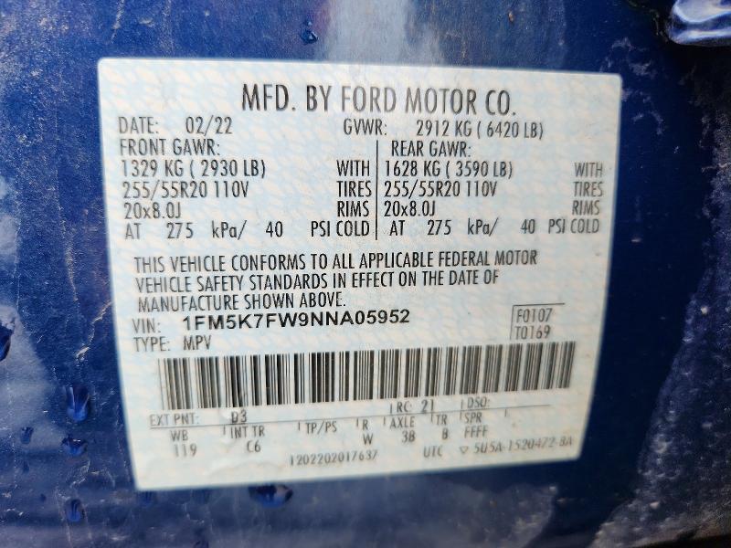 52132336 :رقم المزاد ، 1FM5K7FW9NNA05952 vin ، 2022 Ford Explorer مزاد بيع