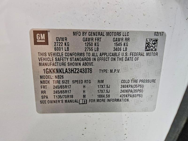 Aukcja sprzedaży 2017 Gmc Acadia, vin: 1GKKNKLA3HZ243078, numer aukcji: 46314846
