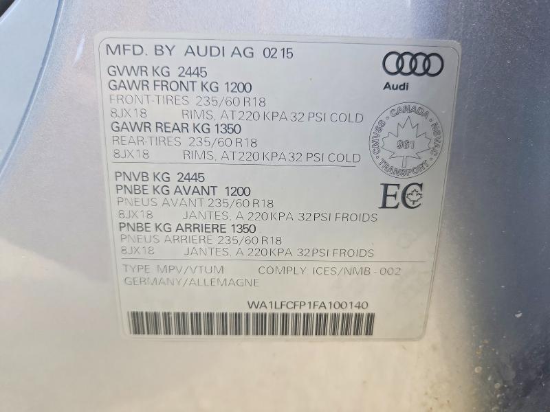 2015 Audi Q5 მანქანა იყიდება აუქციონზე, vin: WA1LFCFP1FA100140, აუქციონის ნომერი: 50625256