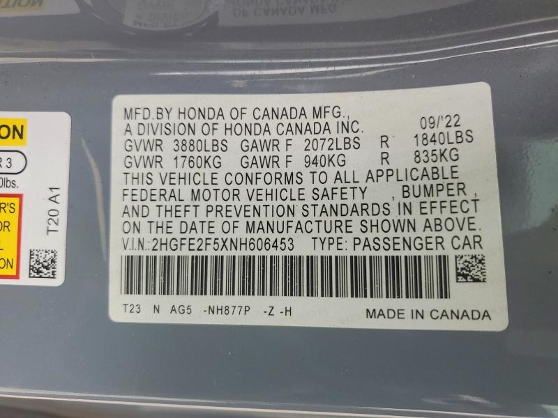 Продаж на аукціоні авто 2022 Honda Civic, vin: 2HGFE2F5XNH606453, номер лоту: 54445106