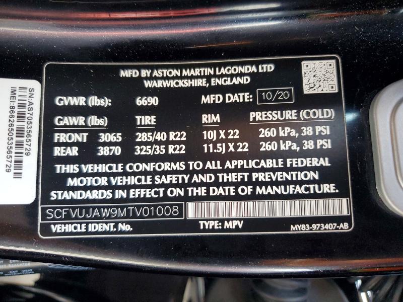 Aukcja sprzedaży 2021 Aston Martin Dbx, vin: SCFVUJAW9MTV01008, numer aukcji: 52250406