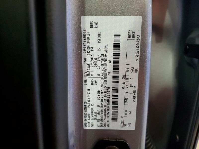 2021 Ford F150 მანქანა იყიდება აუქციონზე, vin: 1FTEW1EP3MKE34679, აუქციონის ნომერი: 52232376