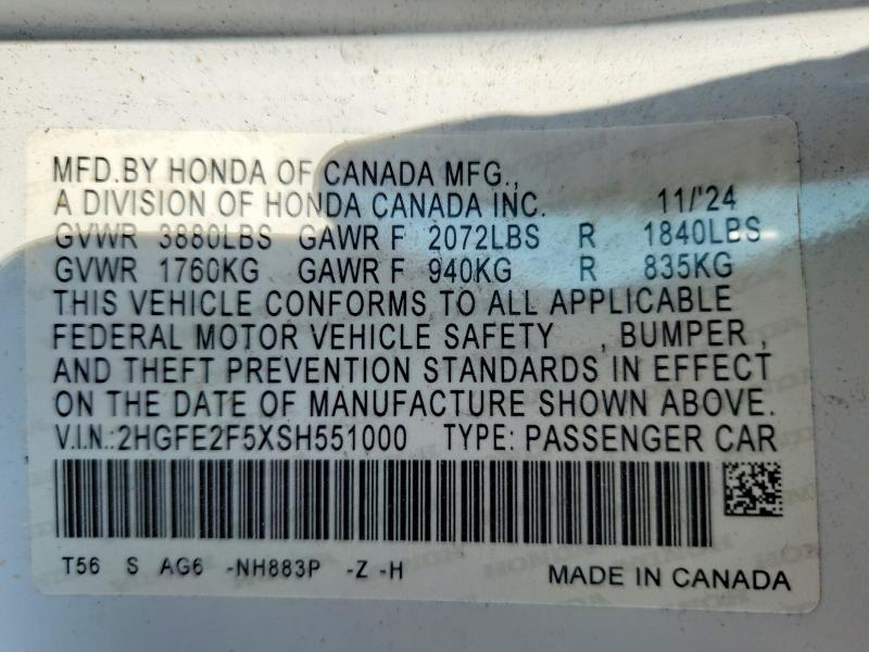 Продаж на аукціоні авто 2025 Honda Civic, vin: 2HGFE2F5XSH551000, номер лоту: 53008036
