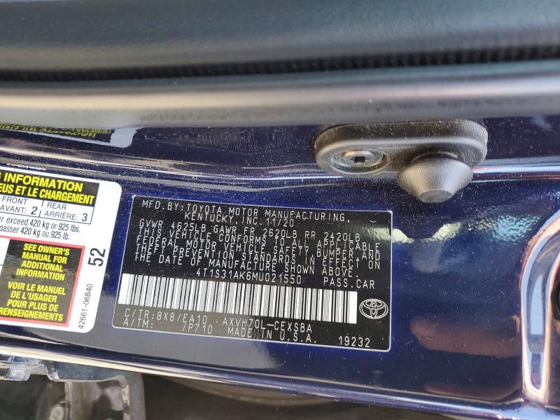 Продажа на аукционе авто 2021 Toyota Camry, vin: 4T1S31AK6MU021550, номер лота: 52678286