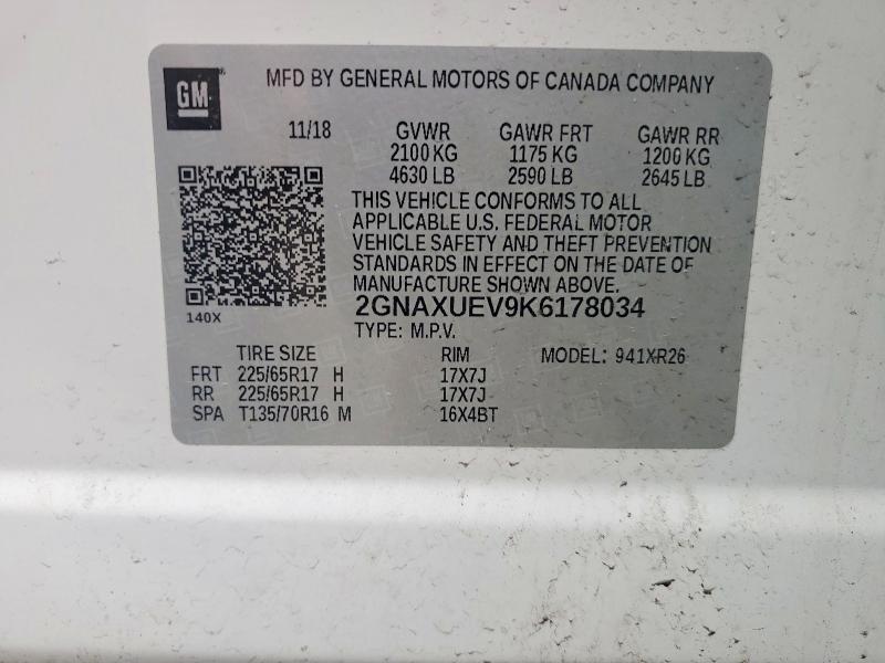 Aukcja sprzedaży 2019 Chevrolet Equinox, vin: 2GNAXUEV9K6178034, numer aukcji: 53926936