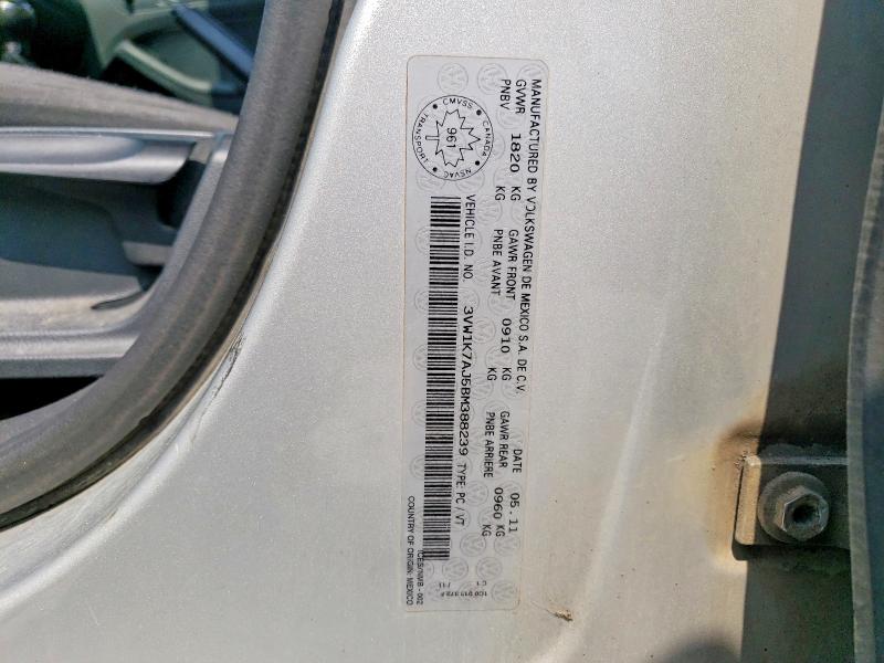 Auction sale of the 2011 Volkswagen Jetta, vin: 3VW1K7AJ5BM388239, lot number: 53913256
