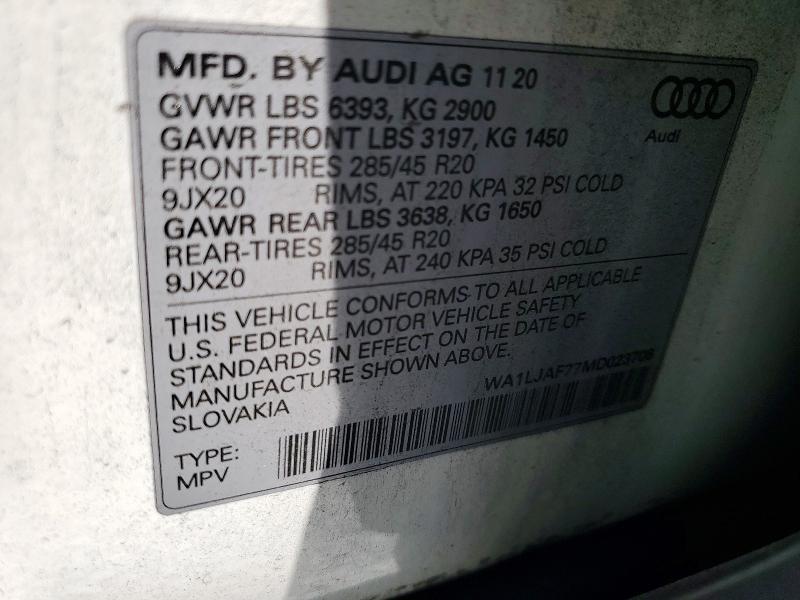 2021 Audi Q7 მანქანა იყიდება აუქციონზე, vin: WA1LJAF77MD023708, აუქციონის ნომერი: 51967076