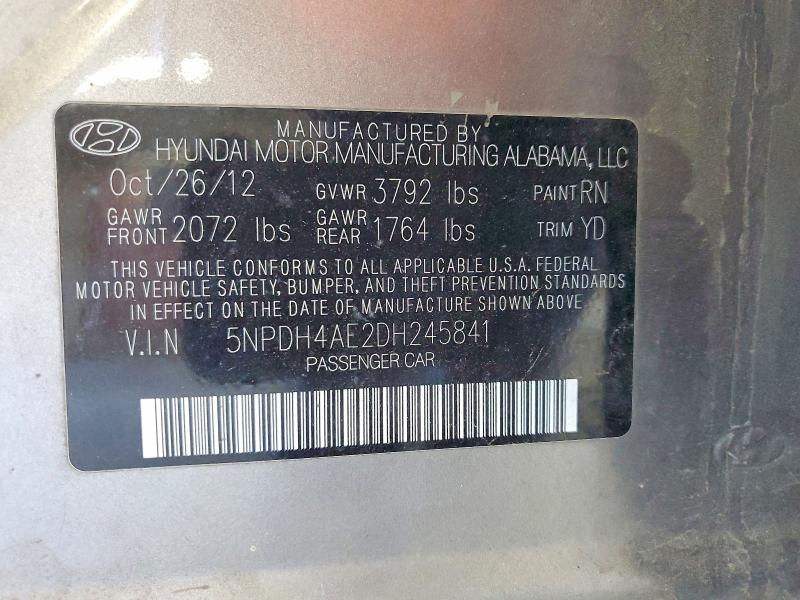2013 Hyundai Elantra მანქანა იყიდება აუქციონზე, vin: 5NPDH4AE2DH245841, აუქციონის ნომერი: 54268046