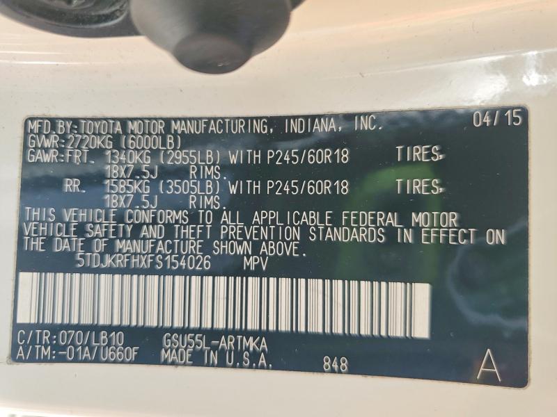53121766 :رقم المزاد ، 5TDJKRFHXFS154026 vin ، 2015 Toyota Highlander مزاد بيع