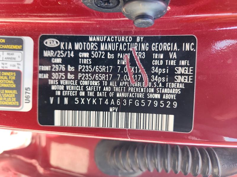 55450766 :رقم المزاد ، 5XYKT4A63FG579529 vin ، 2015 Kia Sorento مزاد بيع