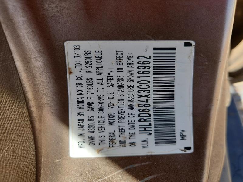 54000656 :رقم المزاد ، JHLRD684X3C016962 vin ، 2003 Honda Cr-v مزاد بيع
