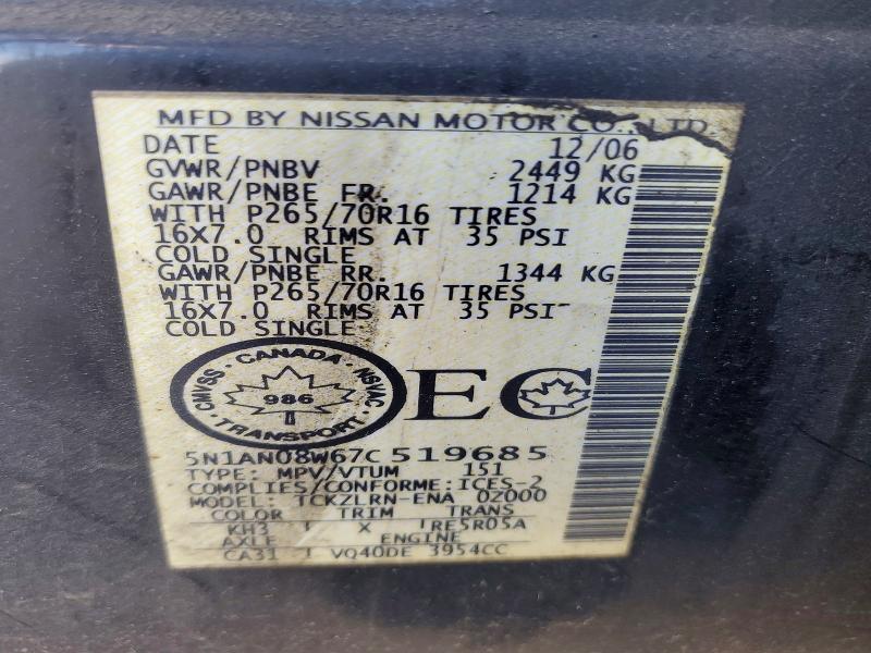 Aukcja sprzedaży 2007 Nissan Xterra, vin: 5N1AN08W67C519685, numer aukcji: 52870966