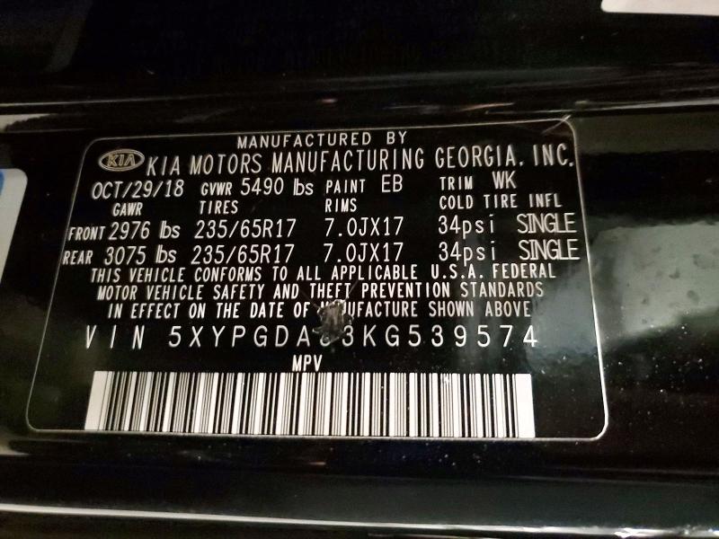 52966026 :رقم المزاد ، 5XYPGDA33KG539574 vin ، 2019 Kia Sorento مزاد بيع