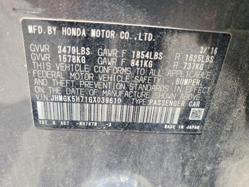 2016 Honda Fit მანქანა იყიდება აუქციონზე, vin: JHMGK5H71GX039610, აუქციონის ნომერი: 55208536