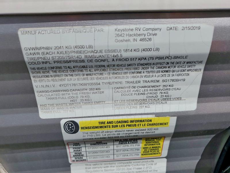53936446 :رقم المزاد ، 4YDT17617KW105554 vin ، 2019 Keystone Springdale مزاد بيع
