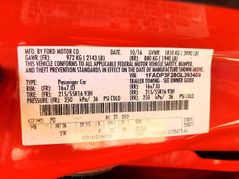 Продаж на аукціоні авто 2016 Ford Focus, vin: 1FADP3F28GL393459, номер лоту: 54017086