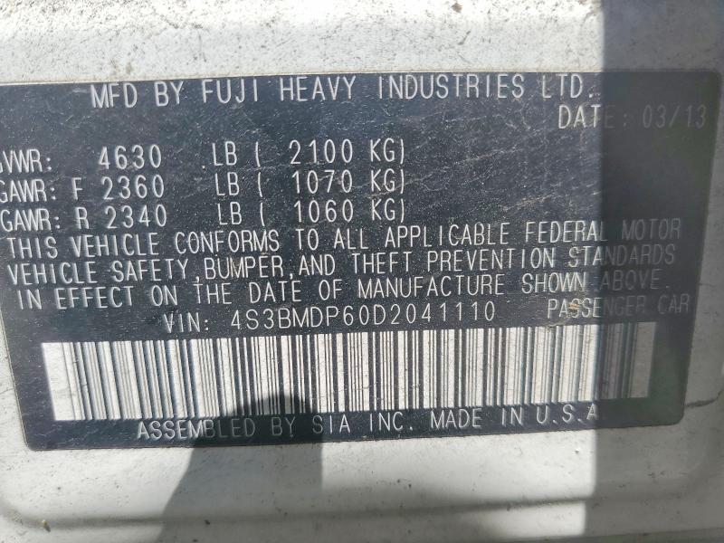 52542736 :رقم المزاد ، 4S3BMDP60D2041110 vin ، 2013 Subaru Legacy مزاد بيع