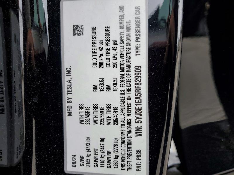 52561206 :رقم المزاد ، 5YJ3E1EA5RF829909 vin ، 2024 Tesla Model 3 مزاد بيع