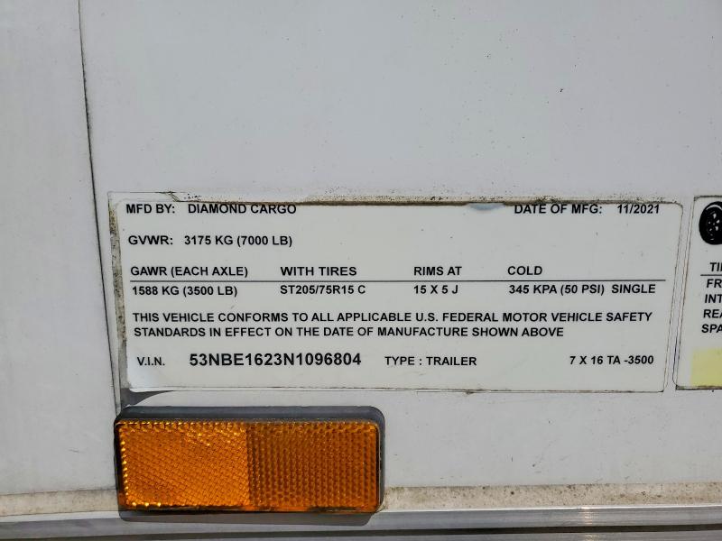 52178586 :رقم المزاد ، 53NBE1623N1096804 vin ، 2022 Diamond Cargo Enclosed Cargo مزاد بيع