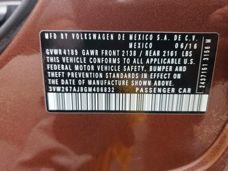2016 Volkswagen Jetta მანქანა იყიდება აუქციონზე, vin: 3VW267AJ8GM406832, აუქციონის ნომერი: 54826316