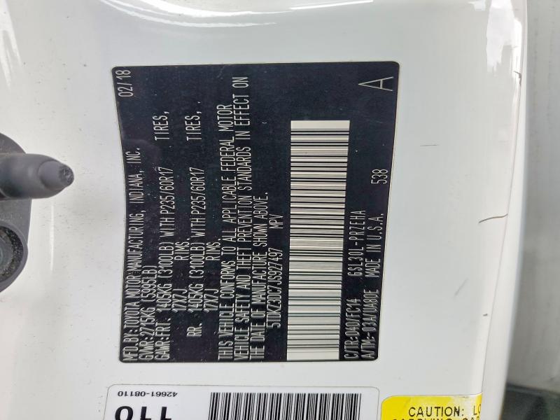 52721196 :رقم المزاد ، 5TDKZ3DC7JS927497 vin ، 2018 Toyota Sienna مزاد بيع