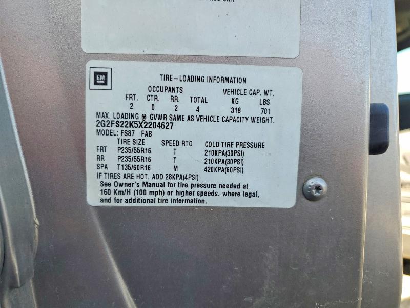 1999 Pontiac Firebird მანქანა იყიდება აუქციონზე, vin: 2G2FS22K5X2204627, აუქციონის ნომერი: 55101236