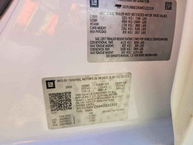 Aukcja sprzedaży 2021 Gmc Sierra, vin: 3GTU9BED5MG122319, numer aukcji: 54172056