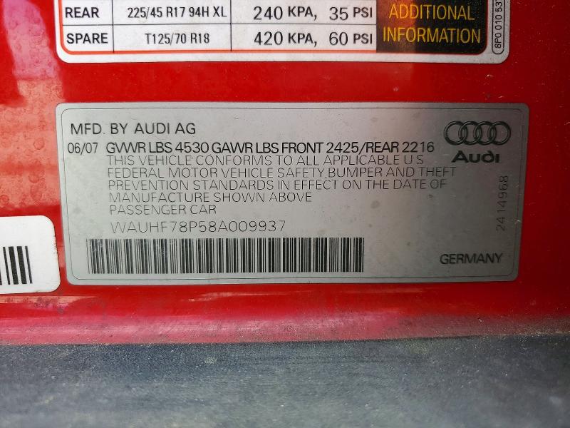 2008 Audi A3 მანქანა იყიდება აუქციონზე, vin: WAUHF78P58A009937, აუქციონის ნომერი: 52224526