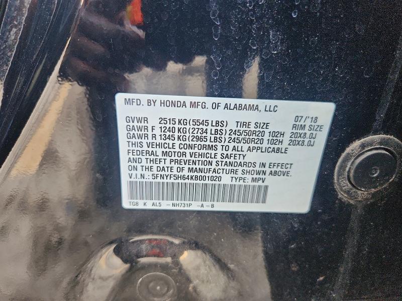 Продаж на аукціоні авто 2019 Honda Pilot, vin: 5FNYF5H64KB001020, номер лоту: 52495426