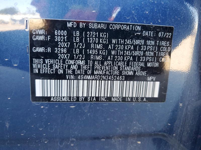 Aukcja sprzedaży 2022 Subaru Ascent, vin: 4S4WMARD2N3452463, numer aukcji: 52392446