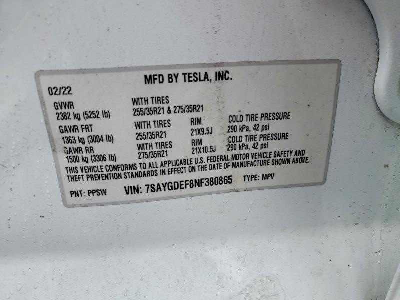 55062536 :رقم المزاد ، 7SAYGDEF8NF380865 vin ، 2022 Tesla Model Y مزاد بيع