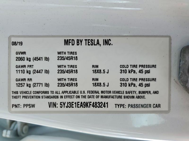 2019 Tesla Model 3 მანქანა იყიდება აუქციონზე, vin: 5YJ3E1EA9KF483241, აუქციონის ნომერი: 54622186