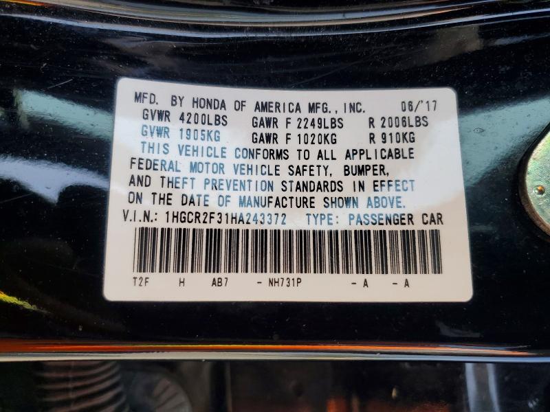 Auction sale of the 2017 Honda Accord, vin: 1HGCR2F31HA243372, lot number: 51917206