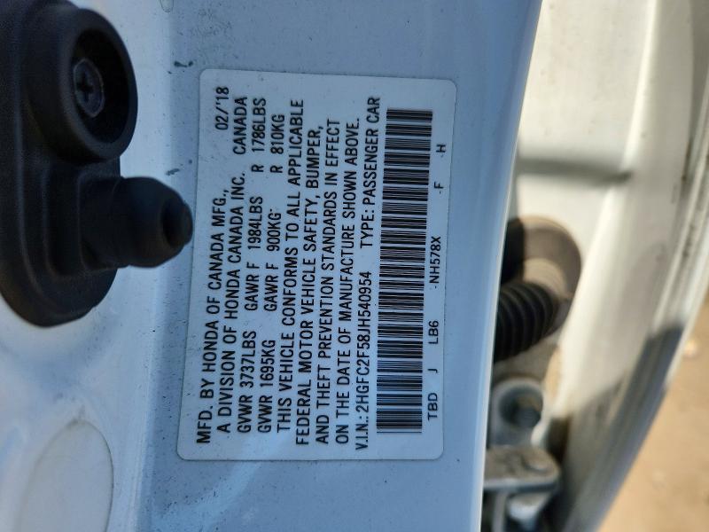 2018 Honda Civic მანქანა იყიდება აუქციონზე, vin: 2HGFC2F58JH540954, აუქციონის ნომერი: 53052086