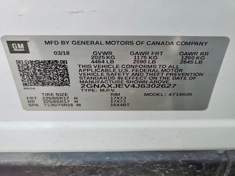 Auction sale of the 2018 Chevrolet Equinox, vin: 2GNAXJEV4J6302627, lot number: 52246576