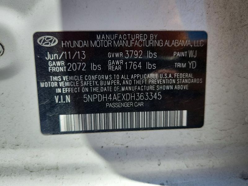 Продажа на аукционе авто 2013 Hyundai Elantra, vin: 5NPDH4AEXDH363345, номер лота: 54278316