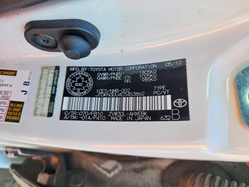 52918466 :رقم المزاد ، JTDKN3DU4C5453862 vin ، 2012 Toyota Prius مزاد بيع