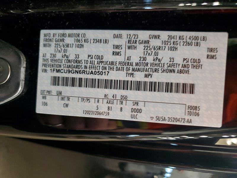 2024 Ford Escape მანქანა იყიდება აუქციონზე, vin: 1FMCU9GN6RUA05017, აუქციონის ნომერი: 55008996