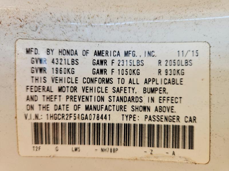 2016 Honda Accord მანქანა იყიდება აუქციონზე, vin: 1HGCR2F51GA078441, აუქციონის ნომერი: 54181556