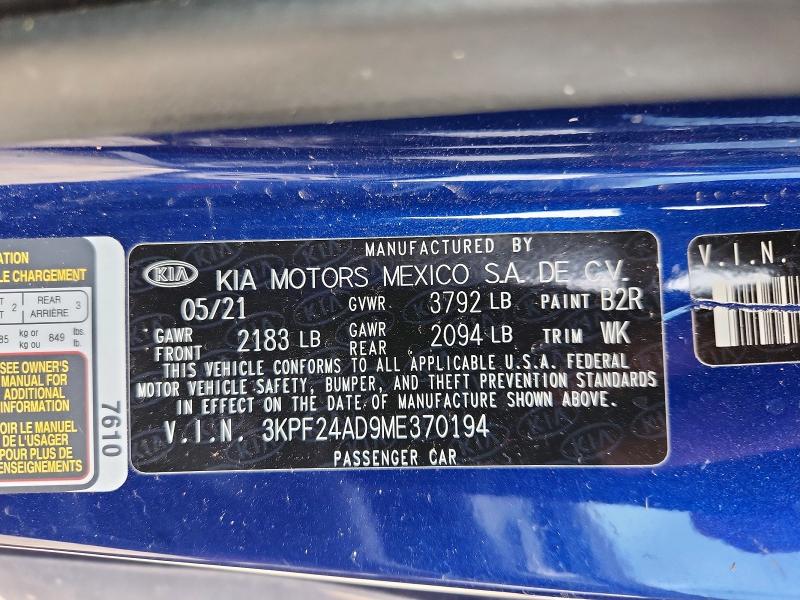 2021 Kia Forte მანქანა იყიდება აუქციონზე, vin: 3KPF24AD9ME370194, აუქციონის ნომერი: 54152326