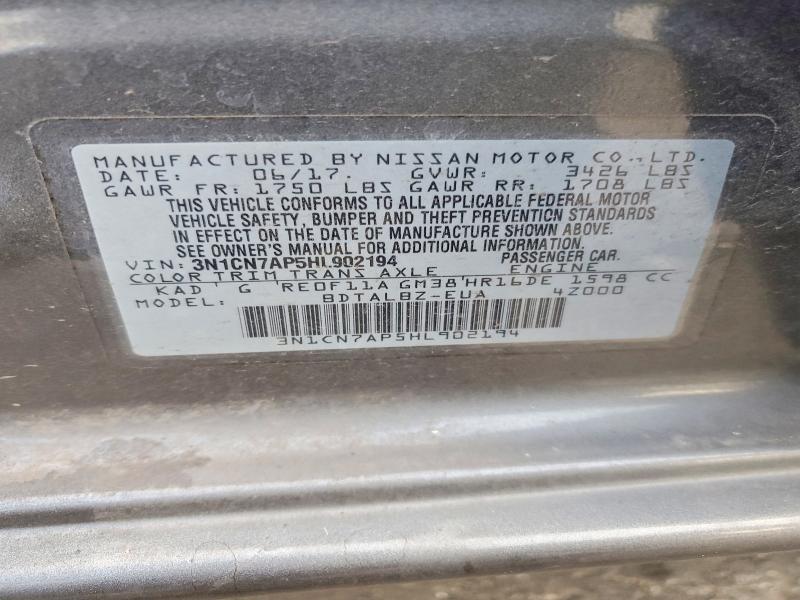 2017 Nissan Versa მანქანა იყიდება აუქციონზე, vin: 3N1CN7AP5HL902194, აუქციონის ნომერი: 53054906