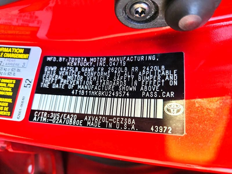 2019 Toyota Camry მანქანა იყიდება აუქციონზე, vin: 4T1B11HK8KU249574, აუქციონის ნომერი: 52970096