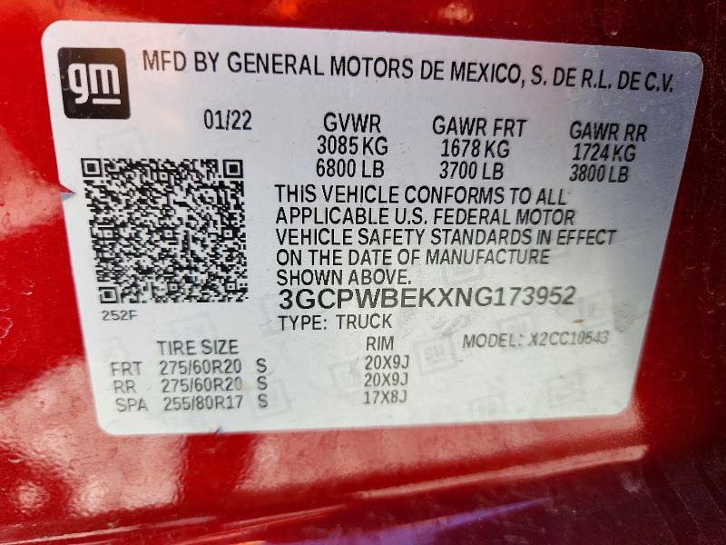 Продаж на аукціоні авто 2022 Chevrolet Silverado Ltd, vin: 3GCPWBEKXNG173952, номер лоту: 53968816