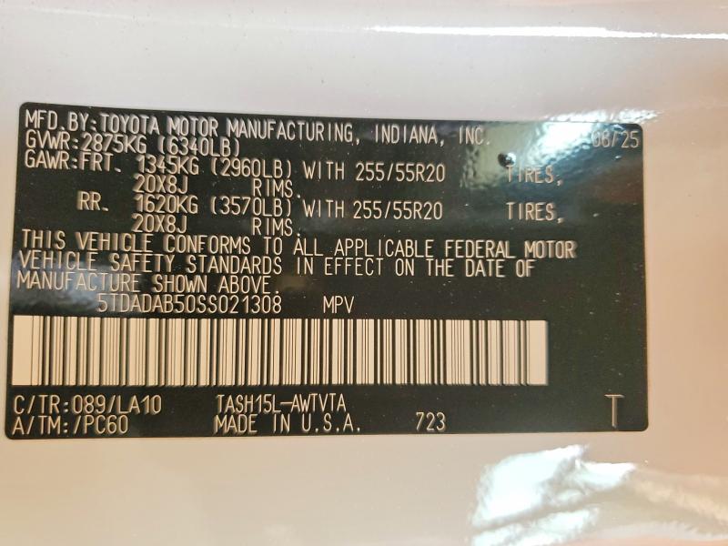 2025 Toyota Grand Highlander Hybrid მანქანა იყიდება აუქციონზე, vin: 5TDADAB50SS021308, აუქციონის ნომერი: 53910386