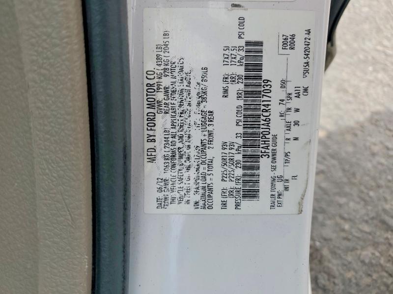 Aukcja sprzedaży 2012 Ford Fusion, vin: 3FAHP0JA6CR417039, numer aukcji: 55198476
