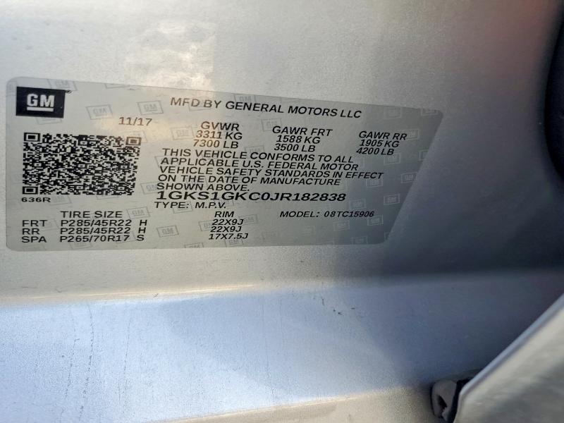 53177316 :رقم المزاد ، 1GKS1GKC0JR182838 vin ، 2018 Gmc Yukon Xl مزاد بيع
